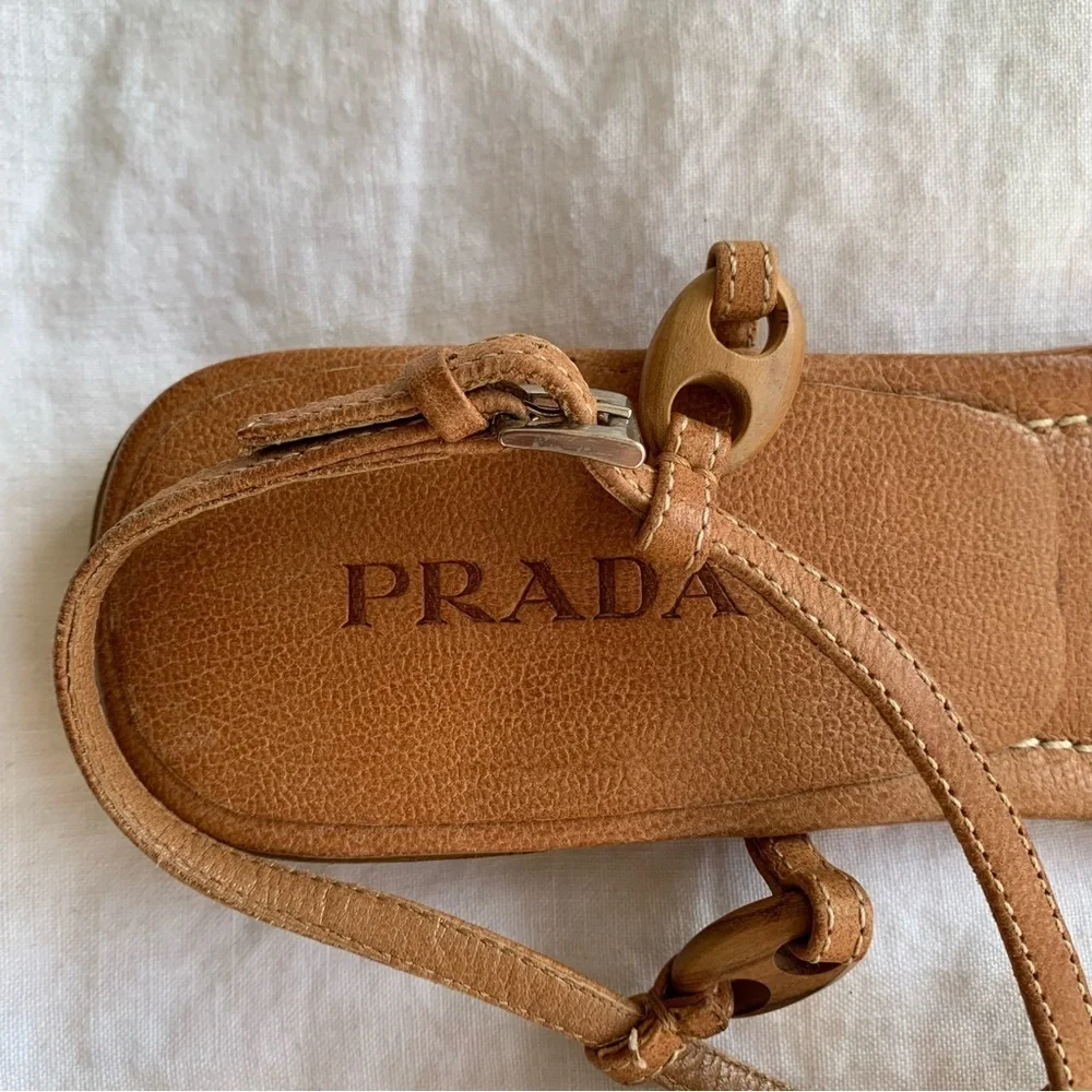 Vintage Prada Wood Leather Thong Square Toe Sandals Tan Brown - Picture 3 of 7